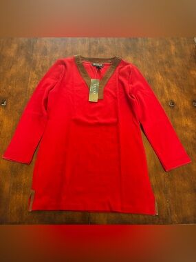 Lauren Ralph Lauren Red Top with Brown V-Neck Trim